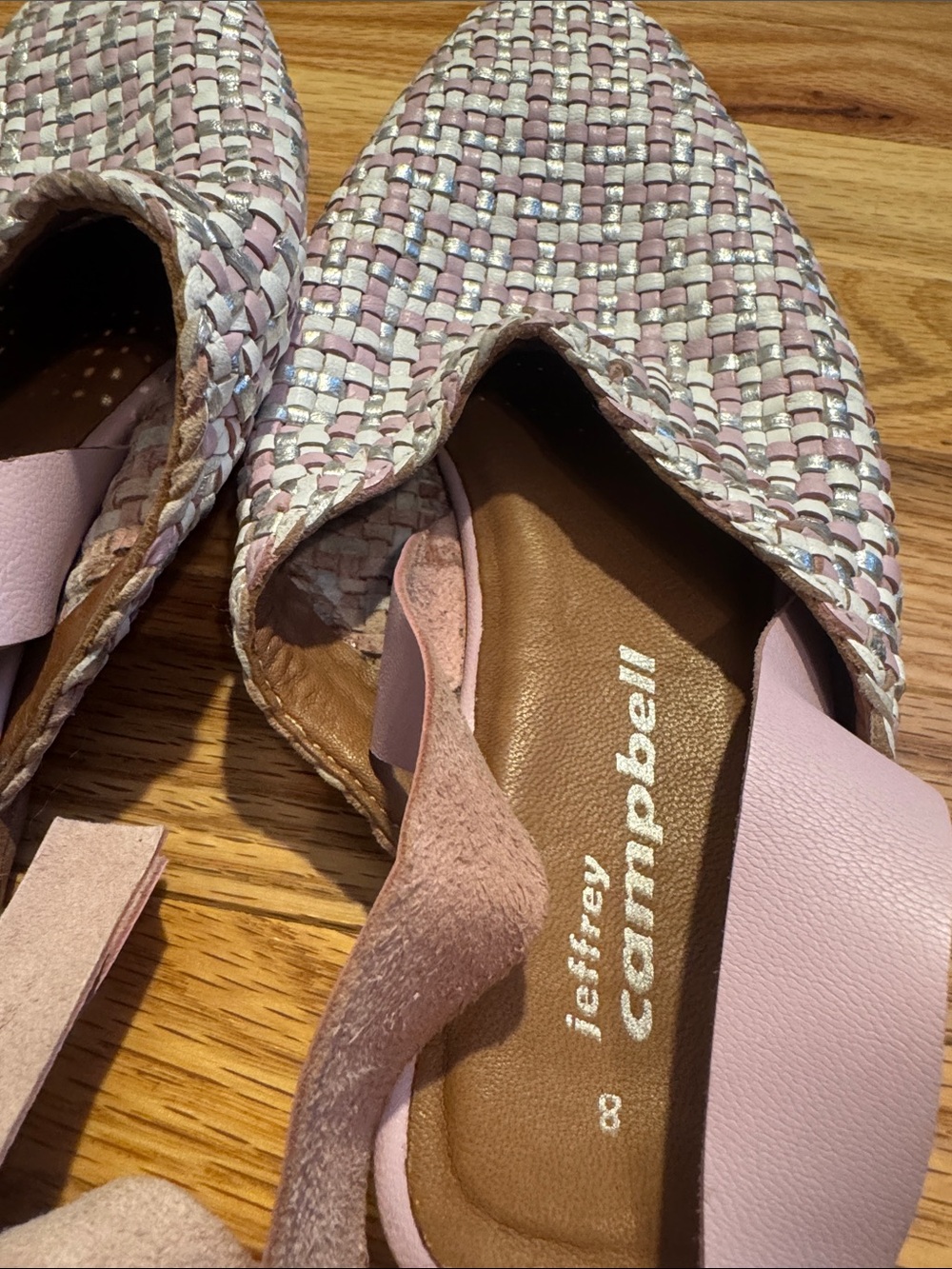Jeffery Campbell Woven Pointed Leather Flats with Pink Ribbon Ankle Tie - Picture 2 of 6